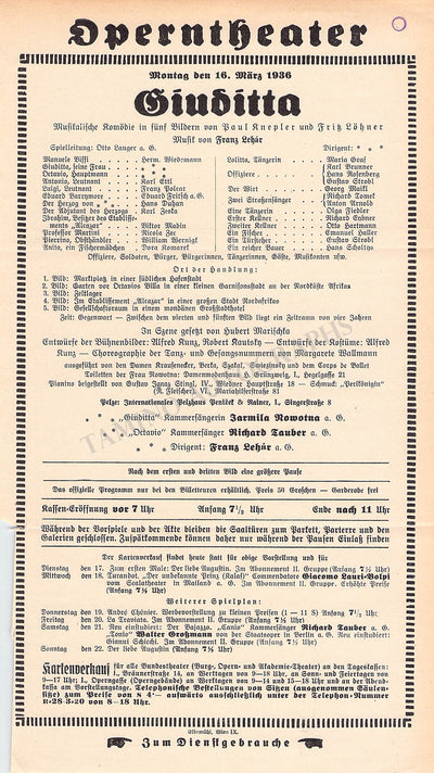 Lehar, Franz - Concert Program Vienna 1936 "Giuditta"