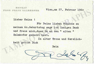 Salmhofer, Franz - Autograph Note Signed on Postcard 1960