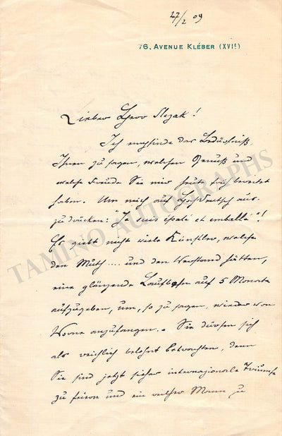 d'Erlanger, Frederic Albert - Autograph Letter Signed 1909