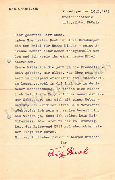 Busch, Fritz - Autograph Letter Signed 1938