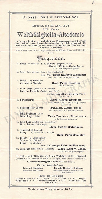 Kreisler, Fritz - Concert Program Vienna 1896
