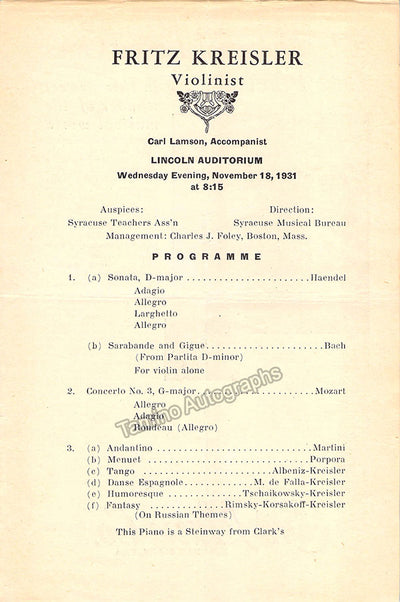 Kreisler, Fritz - Concert Program Syracuse 1931