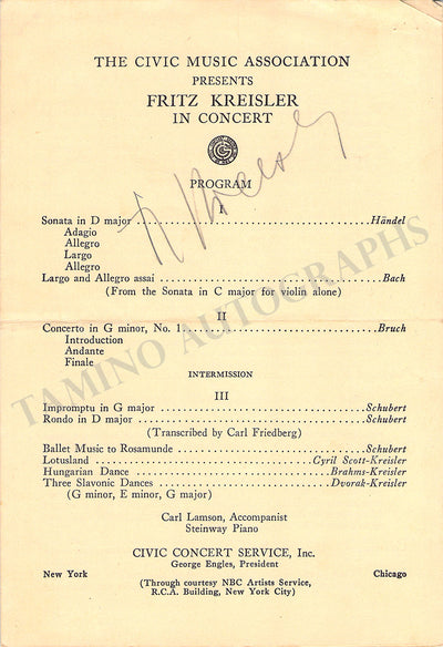 Kreisler, Fritz - Signed Program New York 1940s