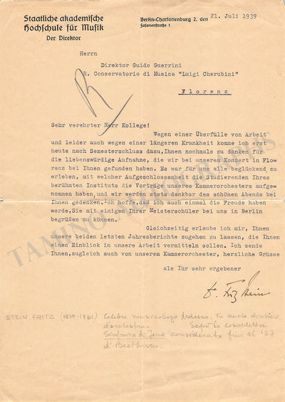 Stein, Fritz - Typed Letter Signed 1939
