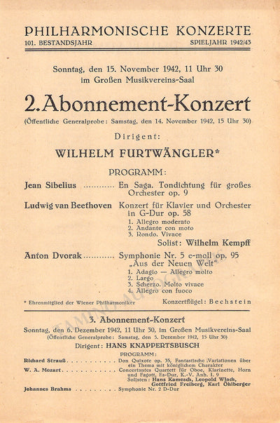 Furtwangler, Wilhelm - Unsigned Concert Programs II (Various Options)