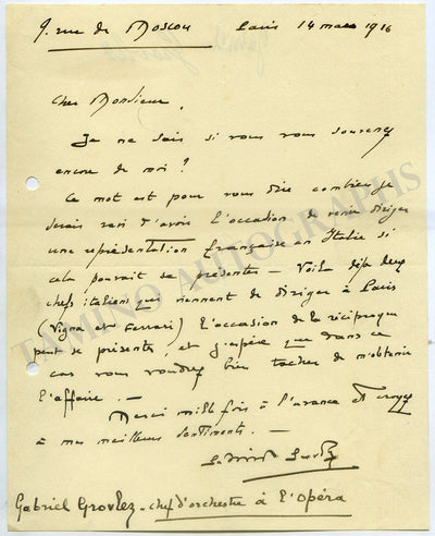 Grovlez, Gabriel - Autograph Letter Signed 1916