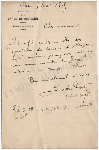 Pares, Gabriel - Autograph Letter Signed 1895