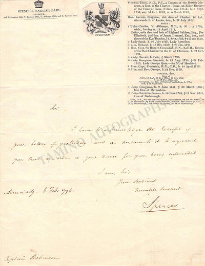 Spencer, George John - Autograph Letter Signed 1796