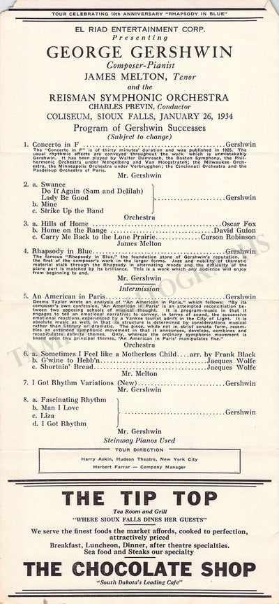 Gershwin, George - Unsigned Concert Brochure & Playbill 1934