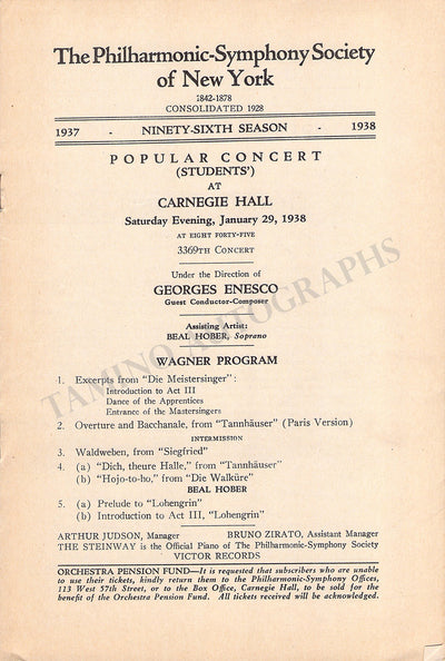 Enesco, Georges - Concert Program New York 1938