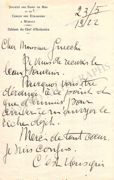 Lauweryns, Georges - Autograph Note Signed 1922