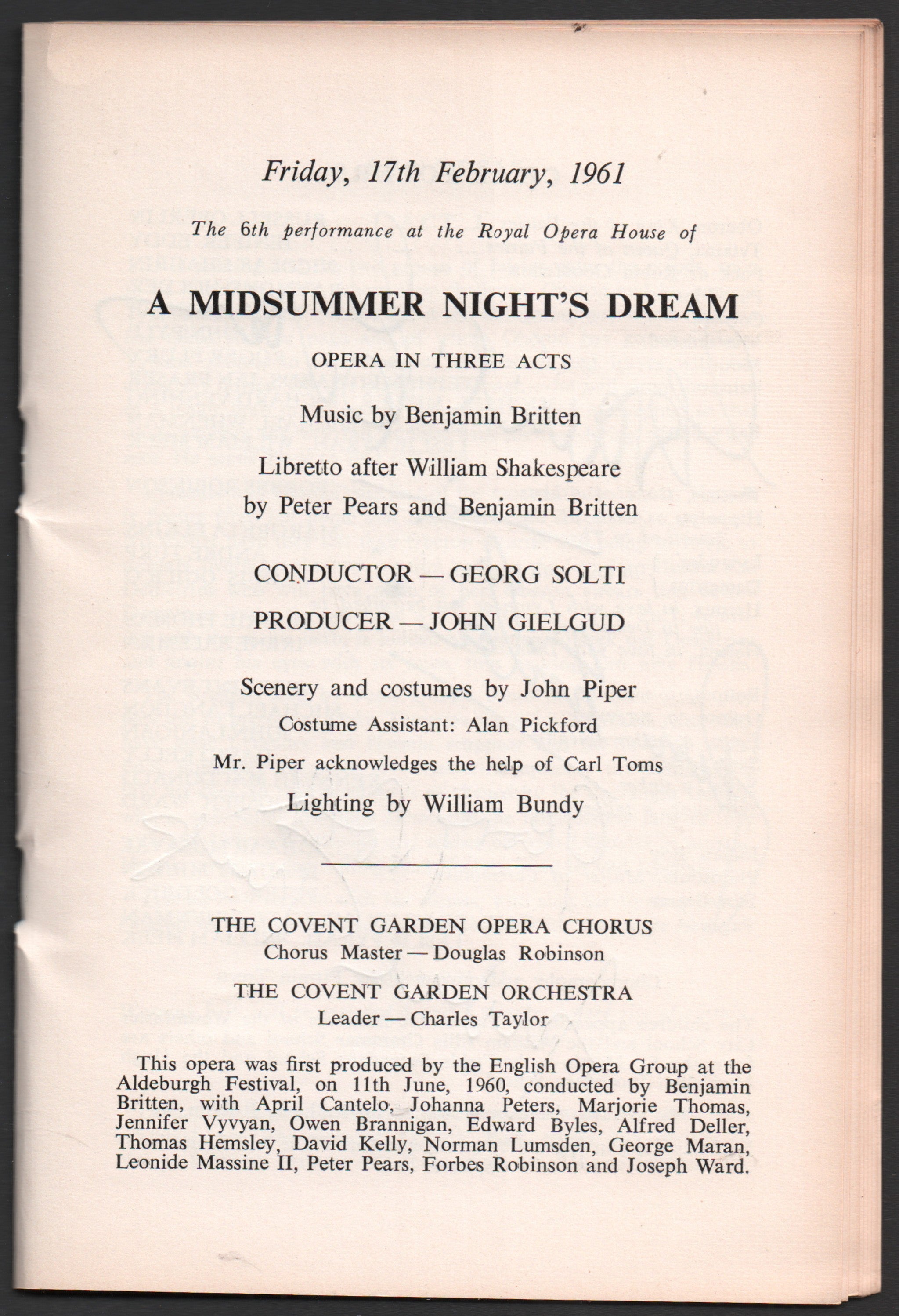 Solti, Georg - Evans, Geraint & Others - Signed Program 1961 ROH