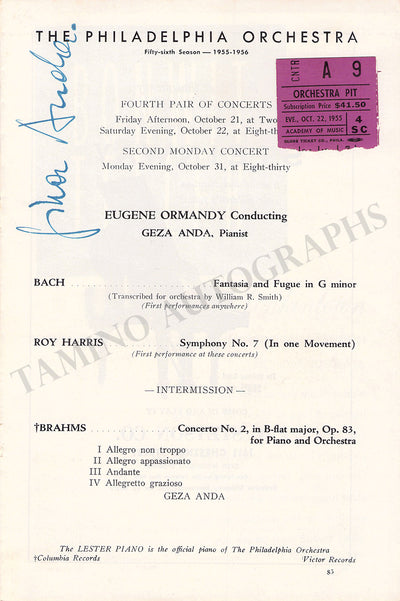 Anda, Geza - Signed Program Page Philadelphia 1955