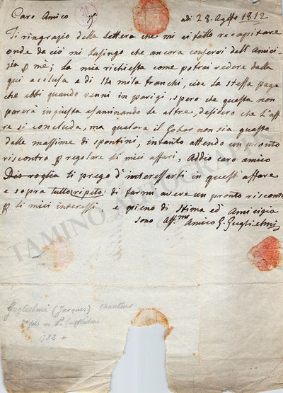 Guglielmi, Giacomo - Autograph Letter Signed 1812