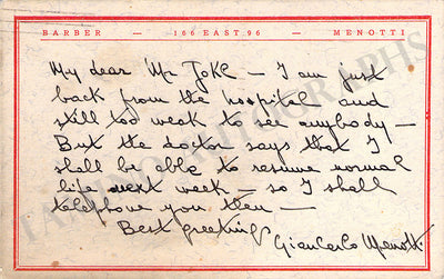 Menotti, Gian Carlo - Autograph Note Signed 1948