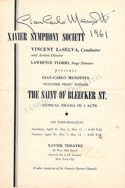 Menotti, Gian Carlo - Signed Program New York 1961