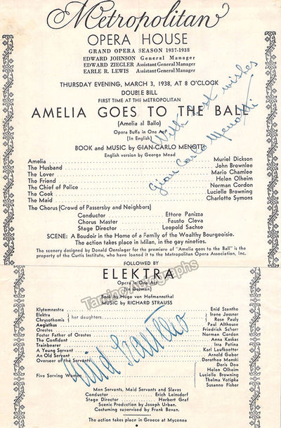 Menotti, Gian Carlo - Signed Program Clip "Amelia Goes to the Ball" Met 1938