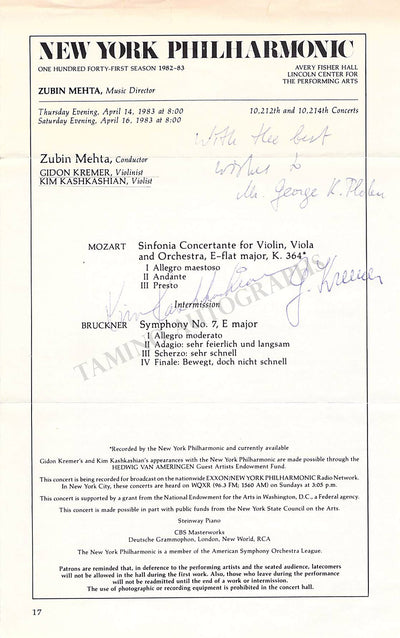 String Performers - Signed Program Pages – Set of 7