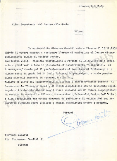Canetti, Giovanna - Typed Letter Signed 1965
