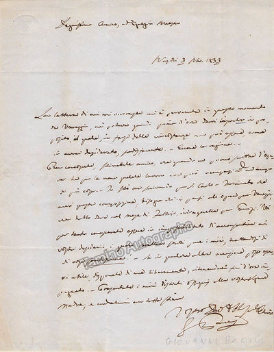 Pacini, Giovanni - Autograph Letter Signed 1833
