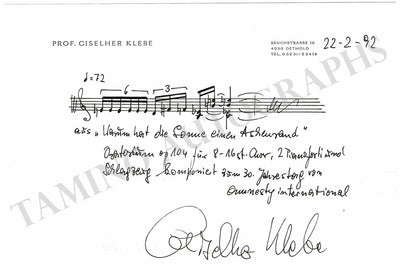 Klebe, Giselher - Autograph Music Quote Signed 1992