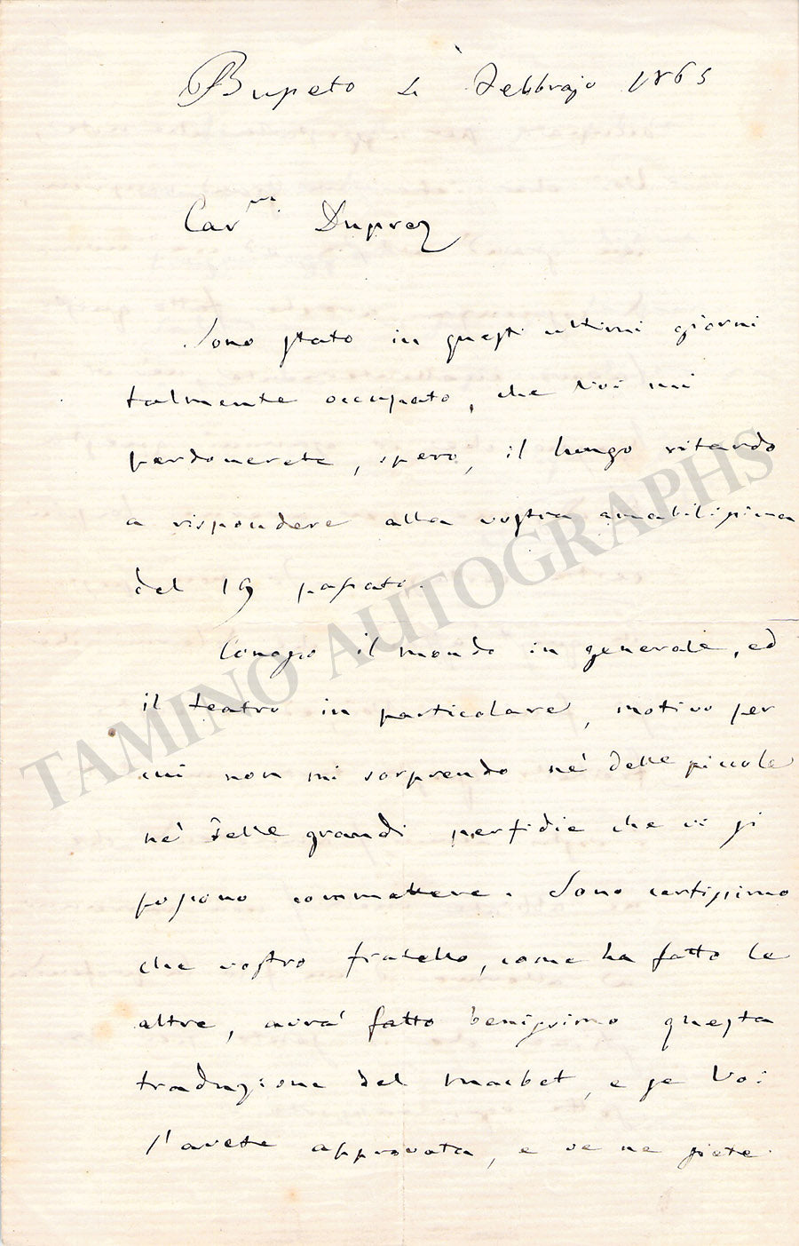 Verdi, Giuseppe - Autograph Letter Signed 1865