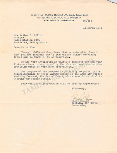 Miller, Glenn - Typed Letter Signed 1944 with War Department Envelope