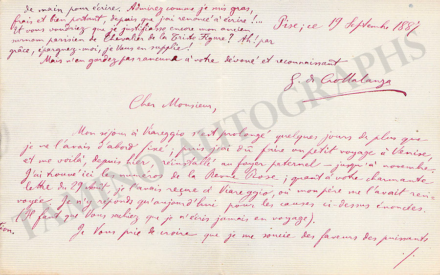 Goffredo Di Crollalanza Autograph Letters 18861890 Tamino