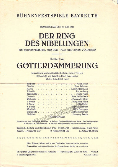 Die Gotterdammerung - Bayreuth Playbill + Ticket Stub 1941