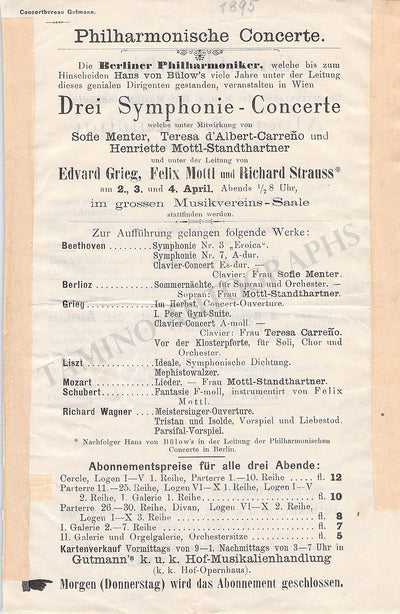 Strauss, Richard - Grieg, Edvard - Mottl, Felix - Concert Playbill Vienna 1895