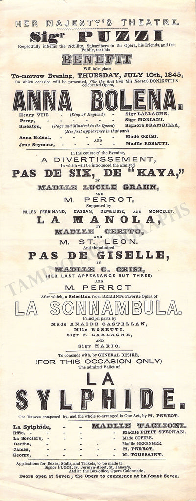 Grisi, Giulia - LaBlache, Luigi & Others - Concert Playbill 1845