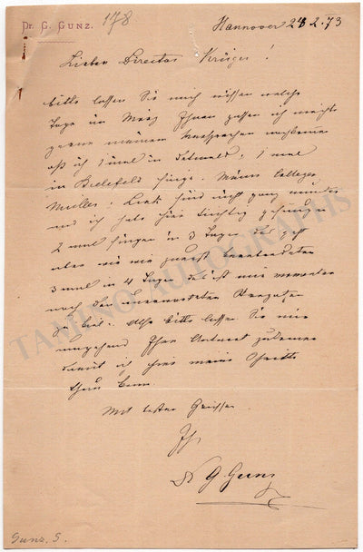 Gunz, Gustave - Autograph Letter Signed 1873