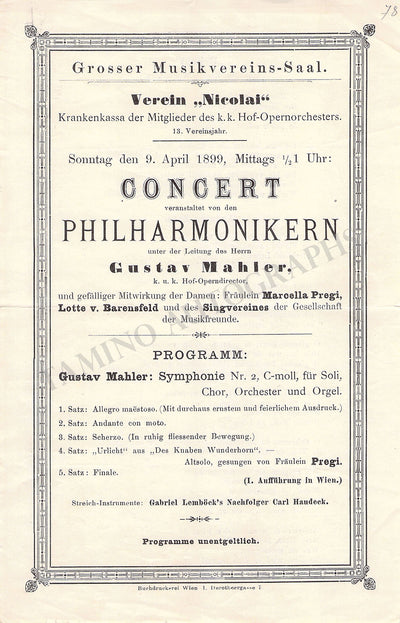 Mahler, Gustav - Unsigned Concert Programs 1899-1910 (Various Options)