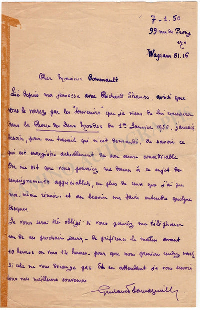 Samazeuilh, Gustave - Autograph Letter Signed 1950