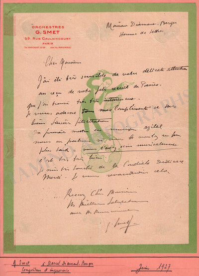 Smet, Gustave - Autograph Letter Signed