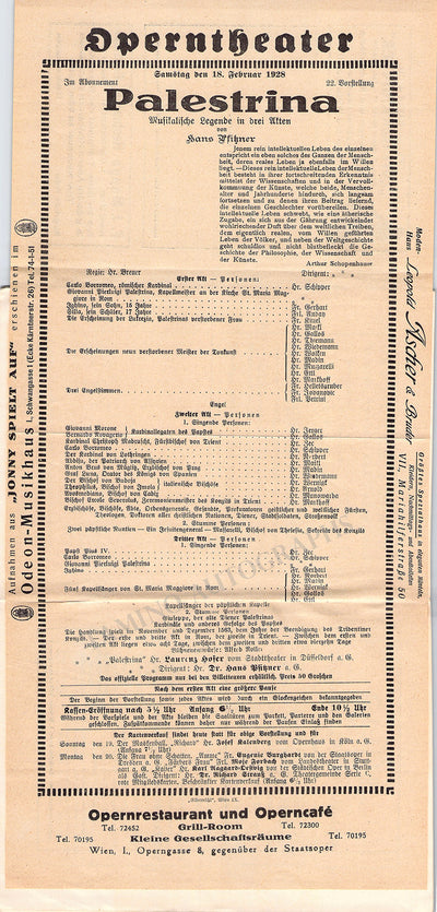 Pfitzner, Hans - Program "Palestrina" Vienna 1928