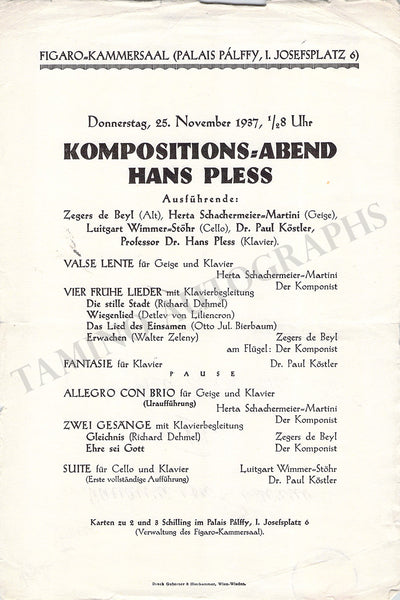 Pless, Hans - Concert Program Vienna 1937