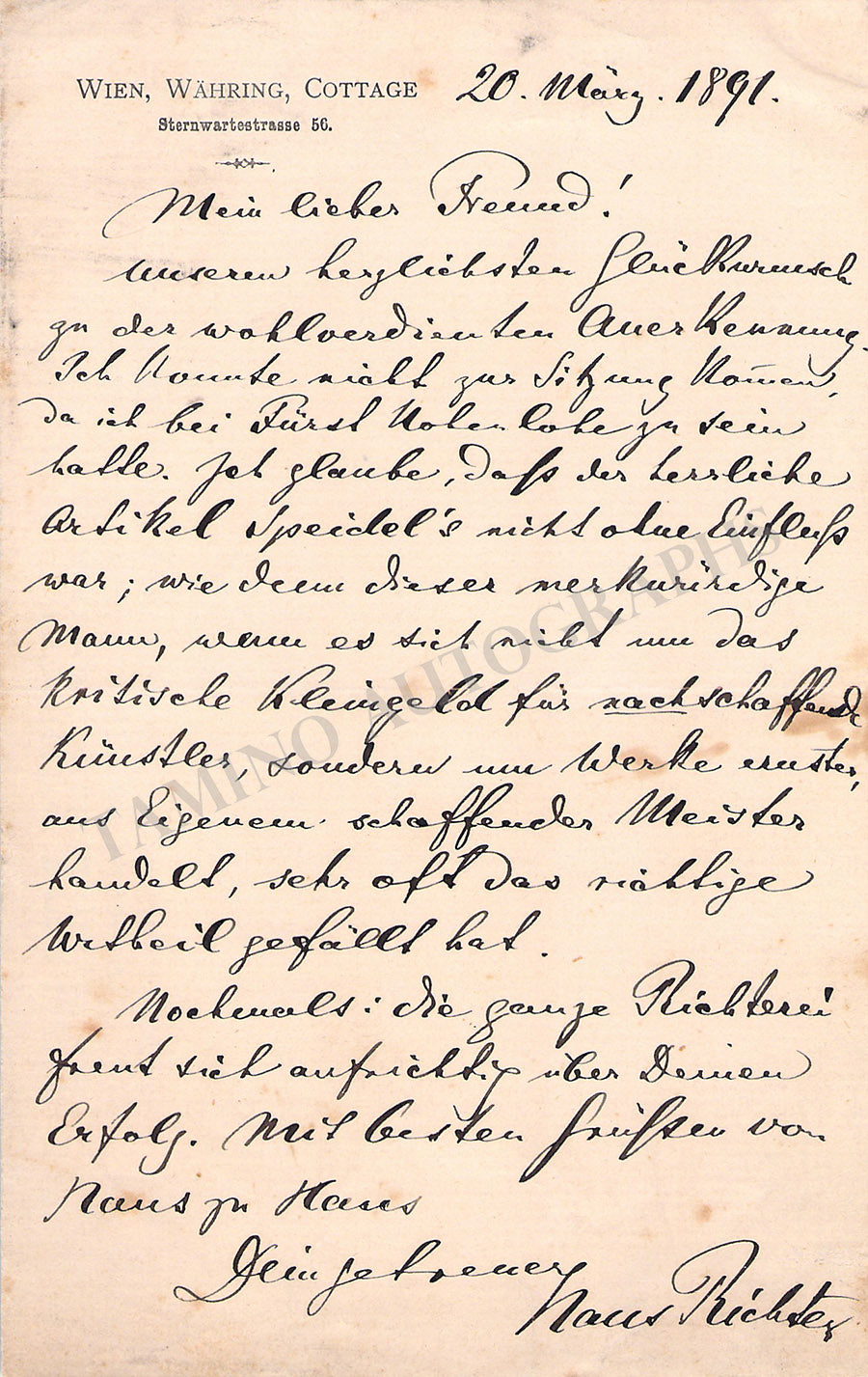 Richter, Hans - Autograph Letter Signed 1891