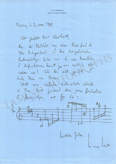 Henze, Hans Werner - Autograph Letter Signed 1998 & Music Quote