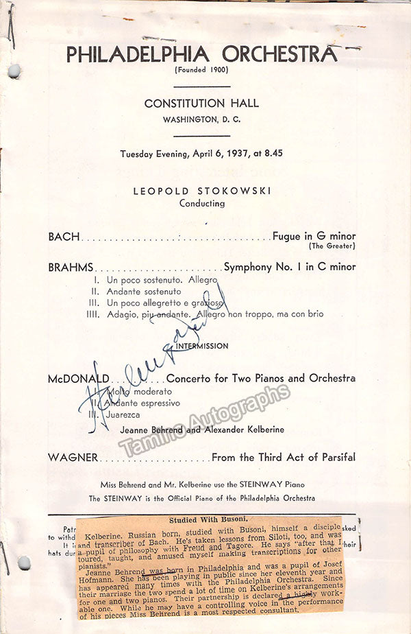 Harl McDonald Autograph Program Washington 1937 – Tamino