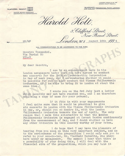 Holt, Harold - Typed Letter Signed 1934 to A. Toscanini
