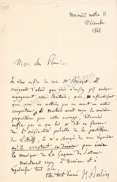 Berlioz, Hector - Autograph Letter Signed 1861
