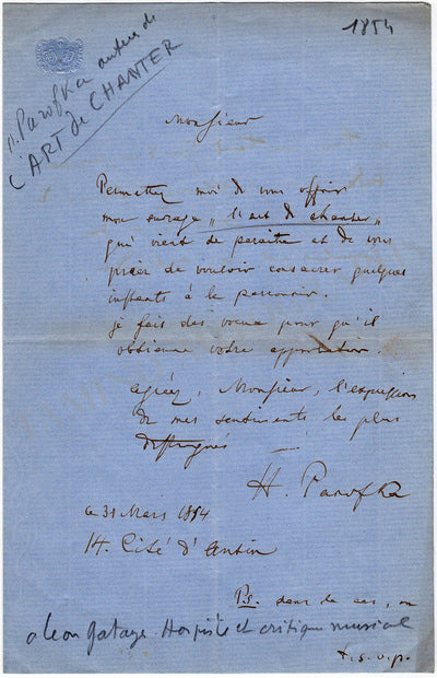 Panofka, Heinrich - Autograph Letter Signed 1854