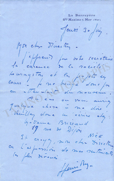 Bry, Henri - Set of 3 Autograph Letters Signed & Personal Card