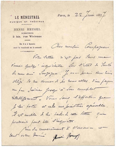 Heugel, Henri - Set of 2 Autograph Letters Signed