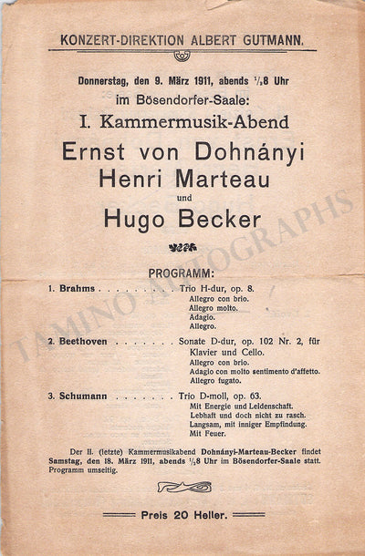 Marteau, Henri - Set x 2 Concert Programs Vienna 1911
