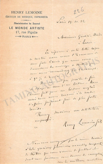 Lemoine, Henry-Felicien - Autograph Letter Signed 1882