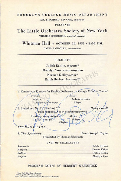 Cowell, Henry - Signed Program Page New York 1959