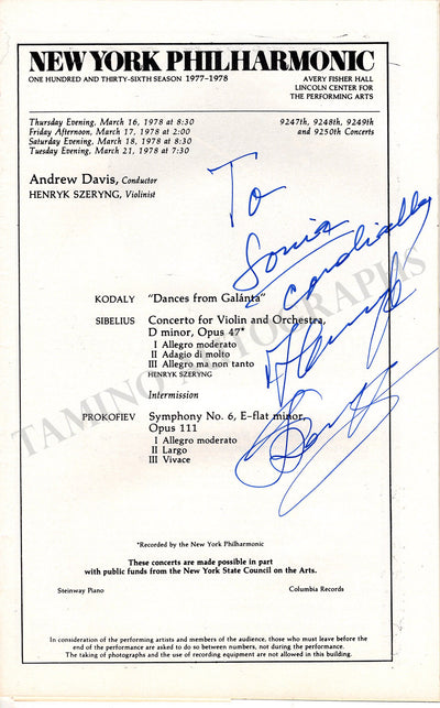Szerying, Henryk - Signed Program New York 1978