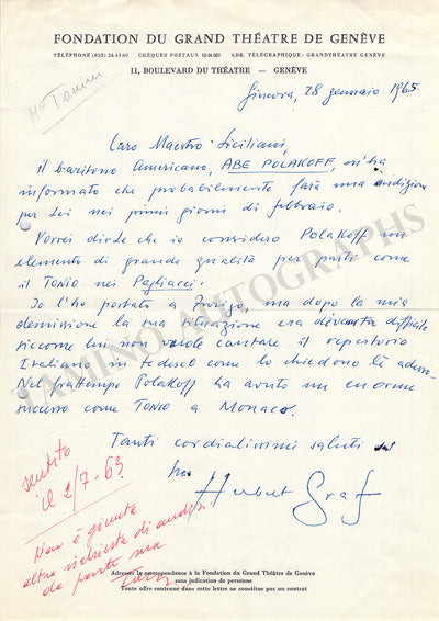 Graf, Herbert - Autograph Letter Signed 1965